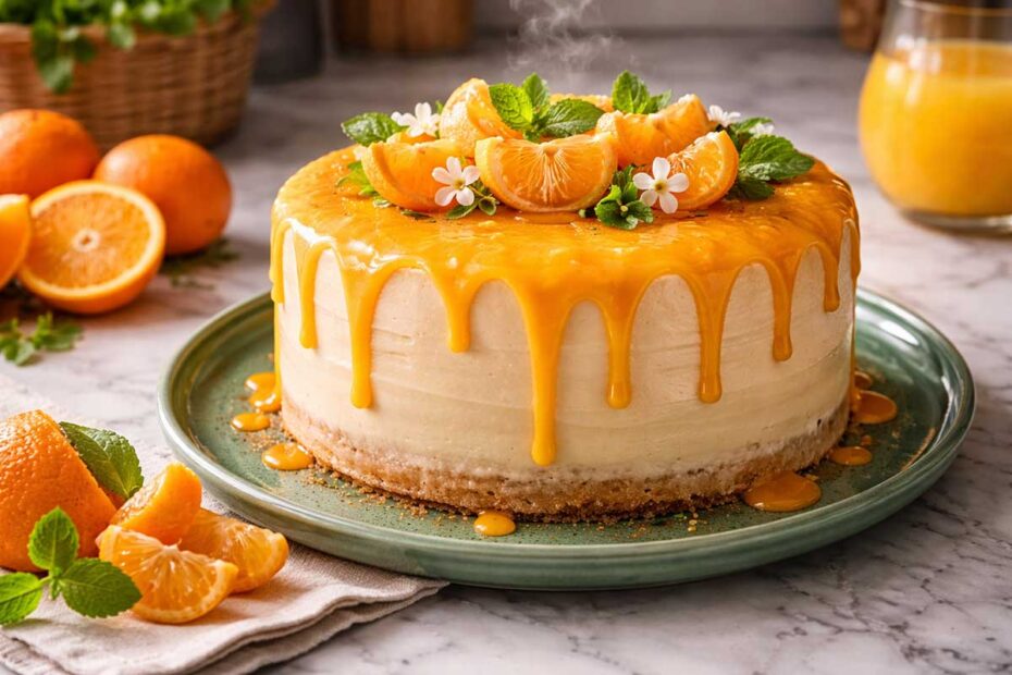 Bolo de tangerina estilo dripping cake com calda laranja escorrendo em prato verde esmeralda sobre bancada de mármore branco com tangerinas frescas ao lado.
