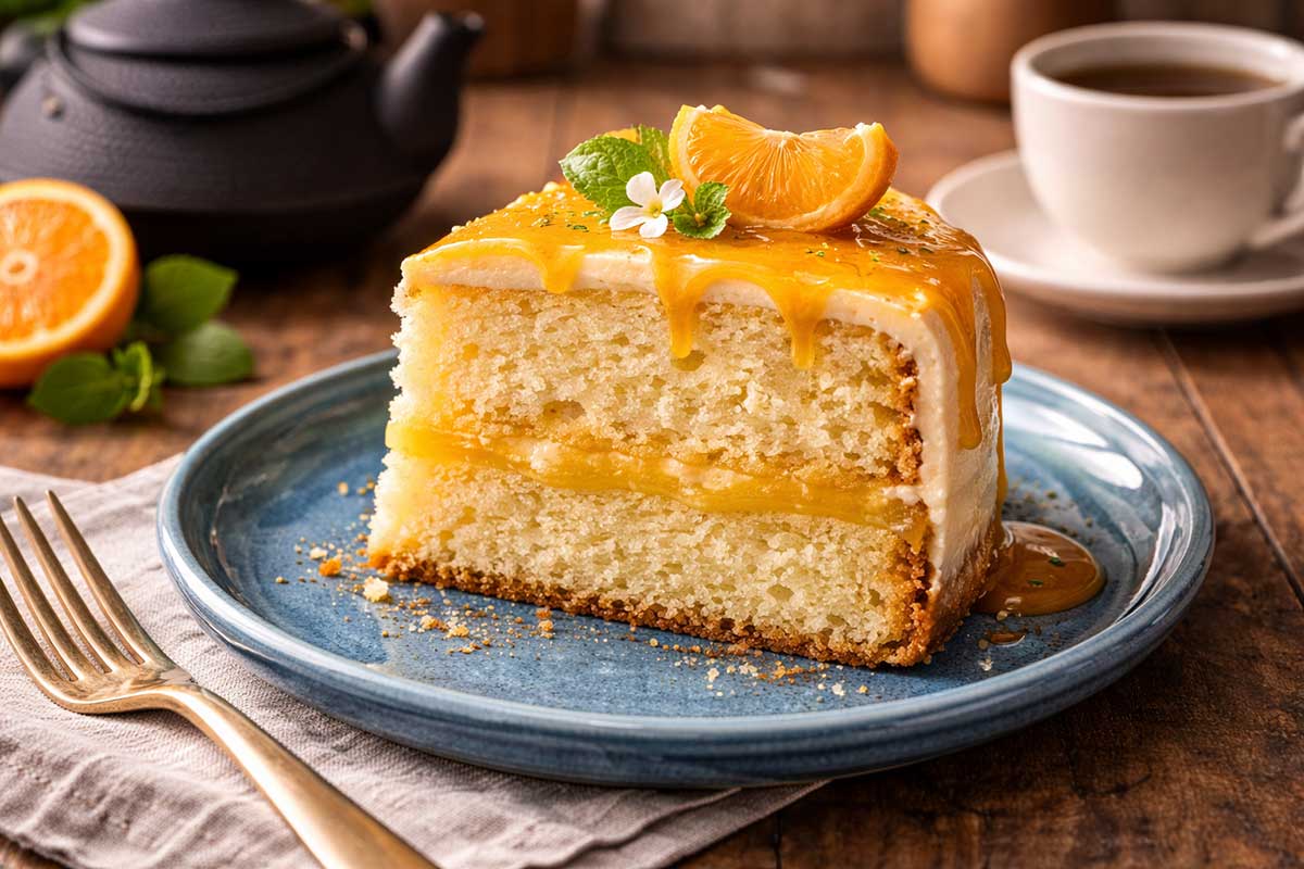 Fatia de bolo de tangerina com curd cítrico aparente em prato azul cobalto sobre mesa de madeira clara com xícara de café e bule de ferro em cenário de luz natural.