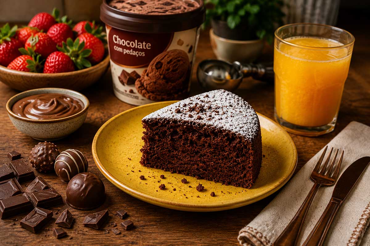 Uma fatia triangular generosa de Pão de Ló de Chocolate com massa aerada cor ébano e topo polvilhado com açúcar de confeiteiro, servida em um prato raso mostarda. A mesa posta rústica de madeira exibe um contraste vibrante com morangos vermelhos em um bowl, um pote de sorvete de chocolate premium aberto, bombons finos, uma tigela com creme de chocolate aveludado e um copo de suco de laranja. Talheres dourados sobre um guardanapo de linho completam a cena gastronômica de alto padrão.