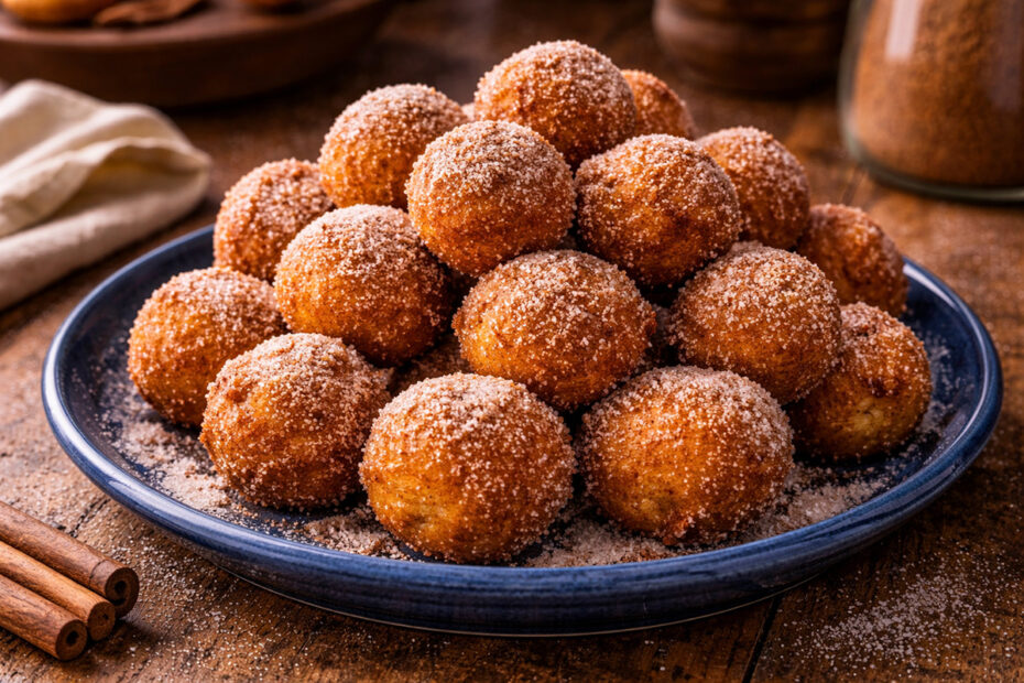 Bolinhos de chuva redondinhos e dourados empilhados em um prato de cerâmica azul cobalto, cobertos com generosa camada de açúcar e canela, sobre uma mesa de madeira rústica de fazenda.