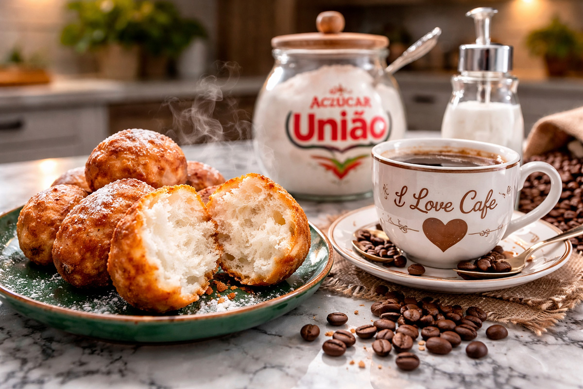 Close lateral de um bolinho de chuva partido ao meio em um prato verde esmeralda, revelando interior branco aerado. Ao lado, uma xícara de porcelana com a frase "I Love Café" e um coração marrom, cercada por grãos de café torrados sobre mármore branco. Ao fundo, um pote de Açúcar União com colher de prata e um frasco de adoçante líquido.