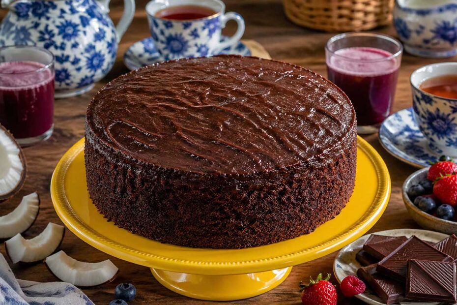 Bolo FIT de Chocolate inteiro redondo estilo Tall Cake com diametro de 20 cm e altura de 10 cm. O bolo esta centralizado em uma bailarina de confeitaria amarela vibrante criando contraste com a massa escura de cacau. A mesa de madeira rustica de fazenda esta posta com xicaras de cha de porcelana azul copos de suco de uva roxo intenso e fatias de coco fresco. Ao lado ha pedaços de chocolate Lindt Excellence 70 cacau e pequenas frutas vermelhas espalhadas. A iluminacao natural destaca a textura umida do bolo que rende cerca de 15 a 20 fatias generosas.