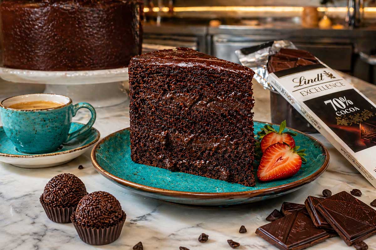 Uma fatia alta de Bolo FIT de Chocolate servida em um prato de ceramica turquesa em uma cozinha profissional moderna com bancada de marmore branco. A fatia mostra o miolo escuro e brilhante com gotas de chocolate meio amargo derretidas no interior. Ao redor ha uma xicara de cafe expresso cremoso pequenos docinhos de cacau e fatias de morangos vermelhos. O contraste entre o prato turquesa e o marrom profundo do chocolate ativa o apetite. A cena inclui um pacote aberto de chocolate Lindt Excellence evidenciando a qualidade dos ingredientes.
