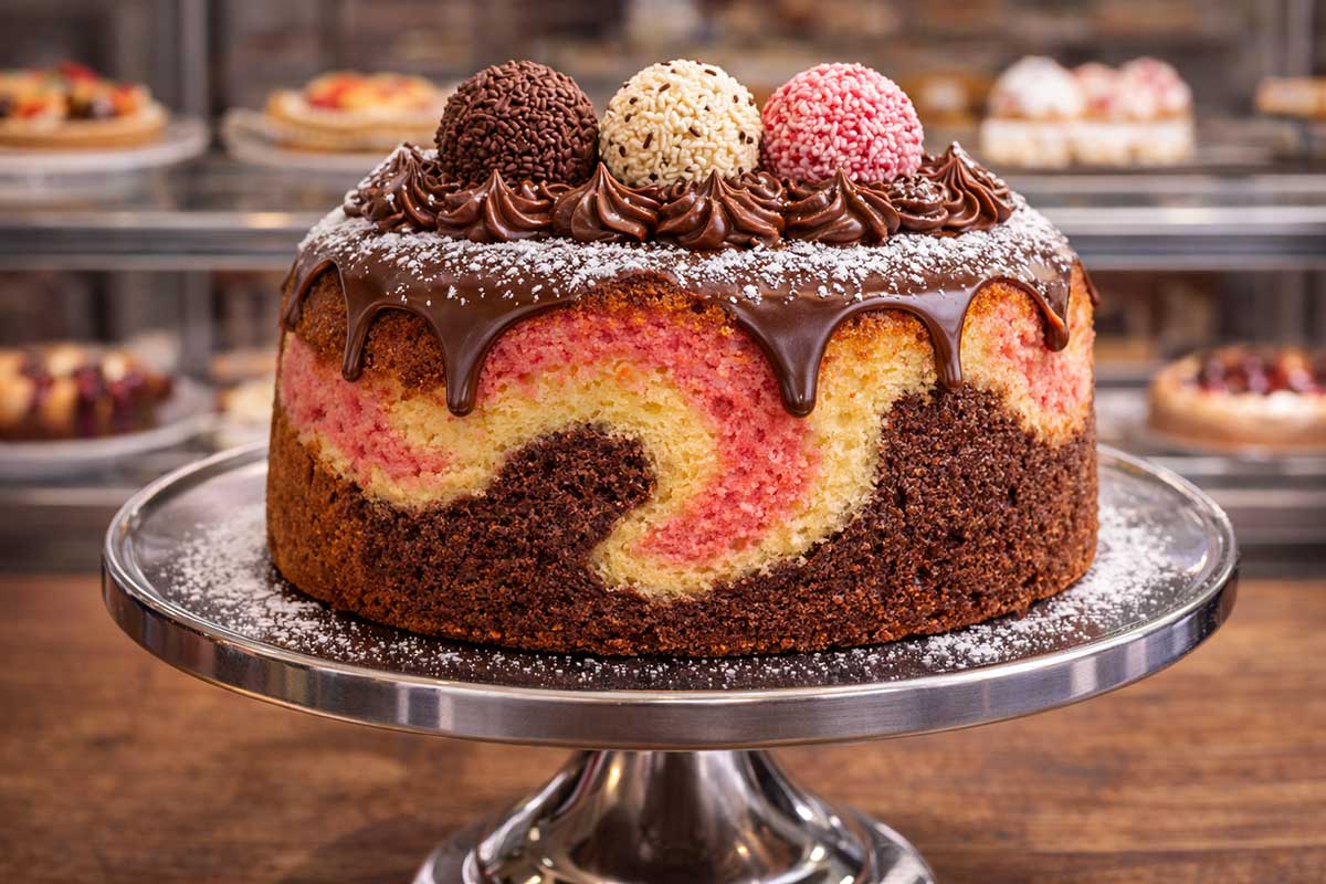 Bolo mesclado napolitano inteiro sobre suporte de metal, com cobertura de brigadeiro belga escorrendo e três brigadeiros grandes (chocolate, branco e morango) no topo. Massa com marmorização vibrante em rosa, marrom e marfim em cenário de confeitaria profissional.