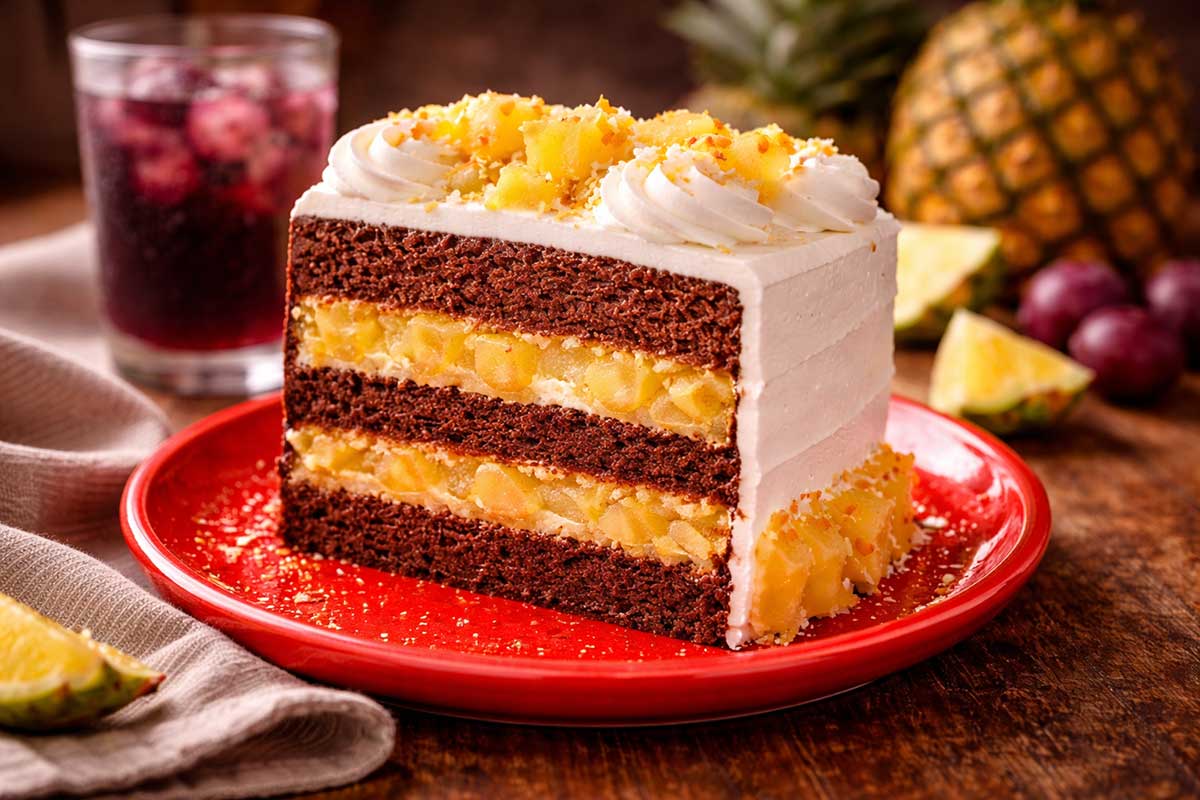 Fatia generosa de Bolo de Aniversário de Abacaxi mostrando as camadas internas de massa acetinada de chocolate, recheio cremoso de abacaxi com pontos de mosaico e calda de brilho espelhado, servida em prato de sobremesa vermelho vibrante com um garfo de prata ao lado e um copo de suco de uva gelado ao fundo.