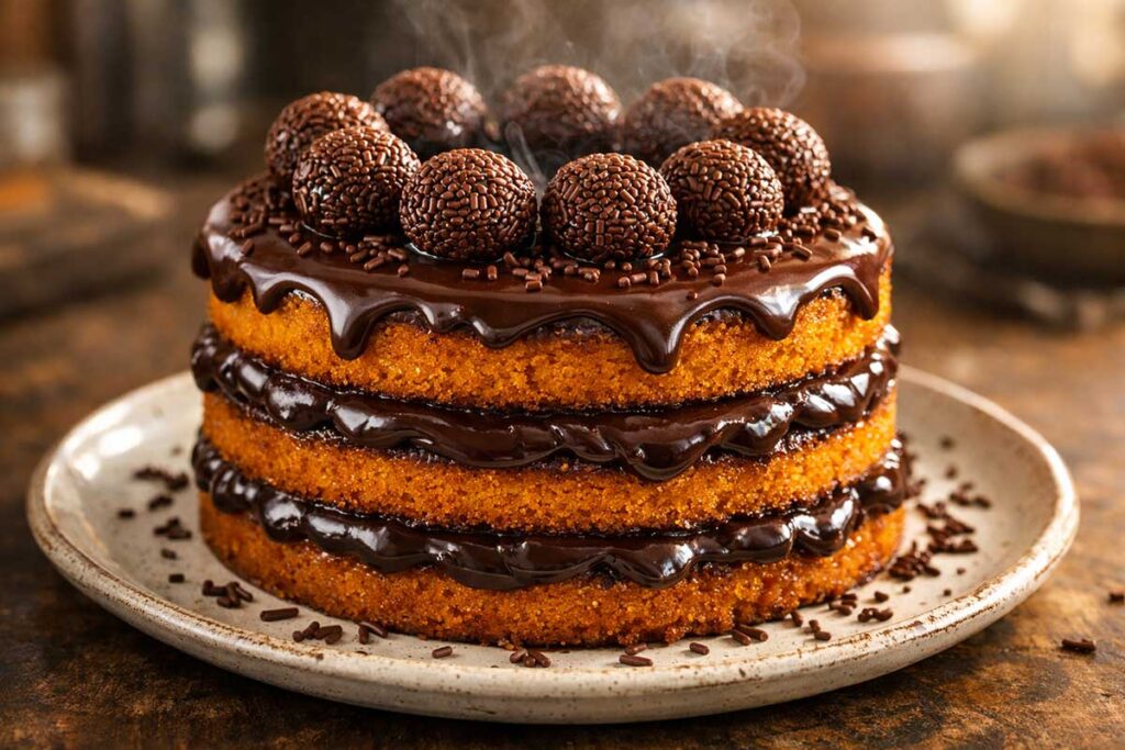 Clos de um bolo de cenoura alto com três camadas de recheio de brigadeiro escuro e brilhante, decorado com granulados e brigadeiros enrolados no topo.