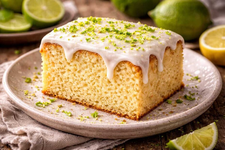 bolo de limão fofinho, massa clara e aerada, com calda branca brilhante e raspas de limão Taiti por cima.