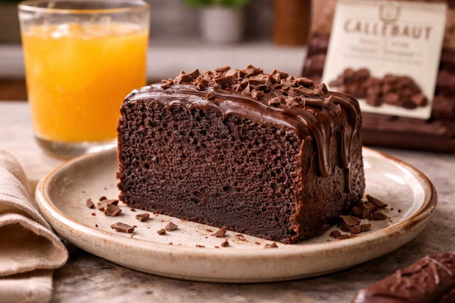 Close de uma fatia de Bolo Fudge de Chocolate mostrando interior denso e úmido em prato rústico, acompanhado de copo de suco de laranja gelado com gotas de condensação e pacote de chocolate Callebaut. | Legenda: Sinta a densidade molecular: a fatia perfeita com umidade residual impecável, equilibrada com o frescor do suco de laranja gelado e o toque nobre do chocolate belga Callebaut.