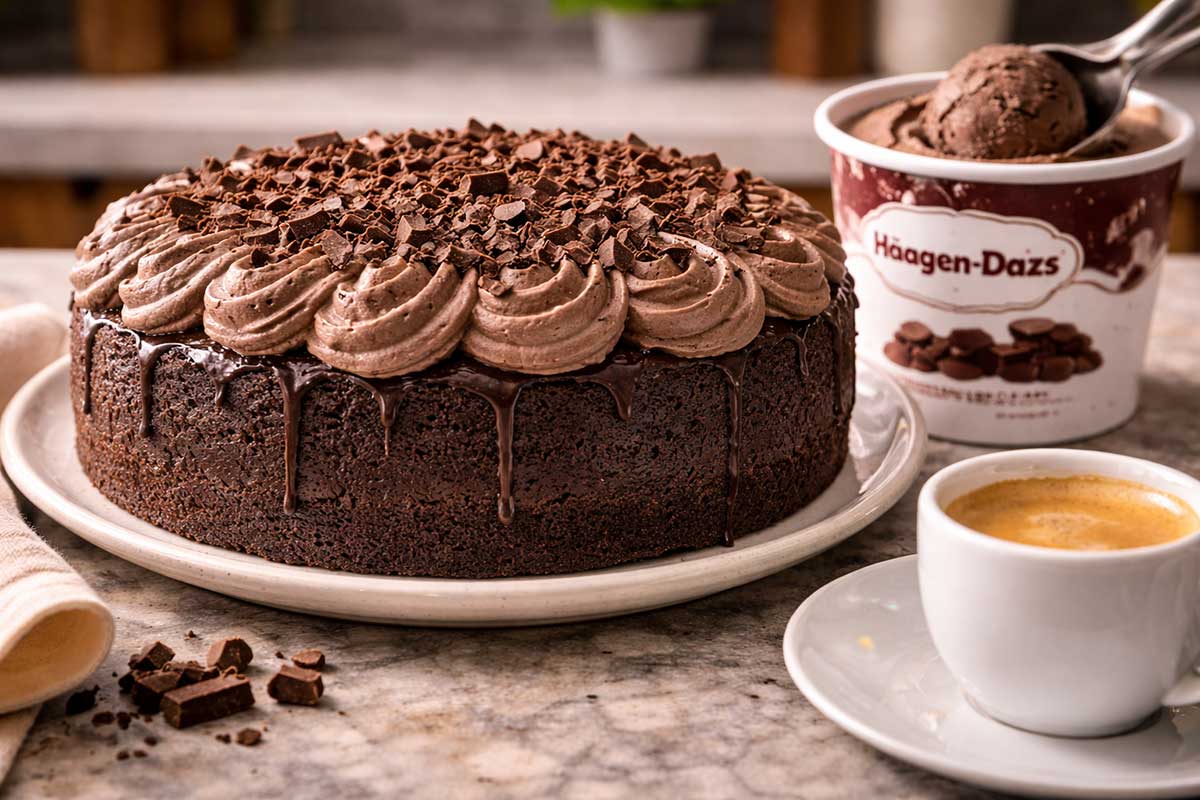 A elegância do chocolate belga Callebaut em uma massa acetinada que derrete na boca. Servido com a cremosidade molecular do sorvete Häagen-Dazs e o aroma inconfundível de um "Café Tipo Exportação, Made In Brazil" com crema espesso.