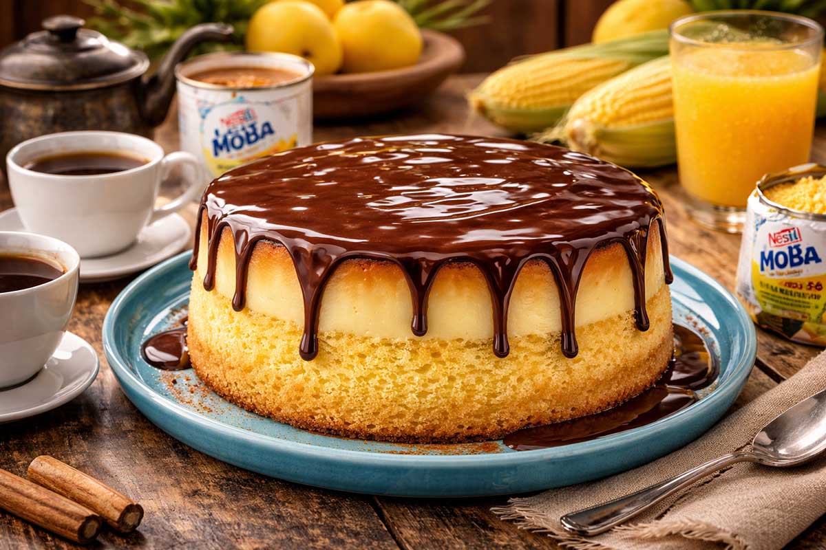 Bolo pudim cremoso de fuba inteiro desenformado em um prato de ceramica azul vibrante sobre uma mesa rustica de madeira de fazenda. A calda de chocolate brilha sob a luz natural da janela refletindo um brilho espelhado. Ao redor estao xicaras de cafe de porcelana branca com fumaça saindo um bule de ferro antigo espigas de milho verde com palha latas de Leite Moça Nestle e um pacote de Fuba Mimoso Dona Benta. Frutas amarelas e um copo de suco de laranja natural com gotas de condensaçao completam a mesa farta e colorida.