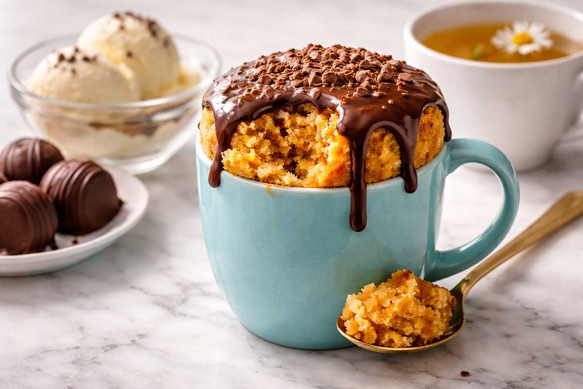 Close-up de uma unica caneca de ceramica azul turquesa com bolo de cenoura de caneca revelando o miolo aerado e acetinado apos a primeira colherada. O bolo esta centralizado em uma mesa moderna de marmore branco com iluminacao de estudio. A calda de chocolate Chococino escorre pelas bordas da caneca. Ao lado ha uma pequena taça com sorvete de baunilha premium, alguns bombons trufados e uma xicara de cha de camomila. O contraste entre o laranja vibrante do bolo e o azul da caneca sobre o branco do marmore destaca a umidade residual da massa fofinha.