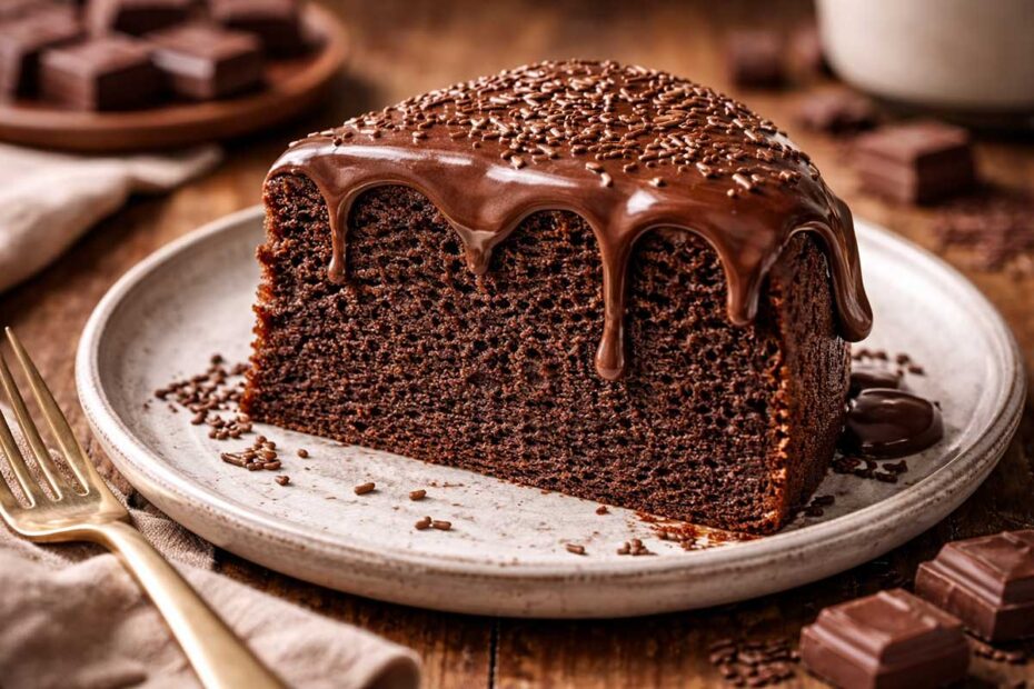 Visão superior em 45 graus de um generoso pedaço de Bolo de Chocolate de Liquidificador sobre uma mesa de madeira rústica. A fatia revela uma massa interna escura, visivelmente úmida e aerada (massa nuvem). O topo é coroado com uma camada espessa de cobertura Alpino artesanal com brilho espelhado, mostrando o ponto de fita com gotas escorrendo perfeitamente pelas laterais sobre um prato de cerâmica artesanal.