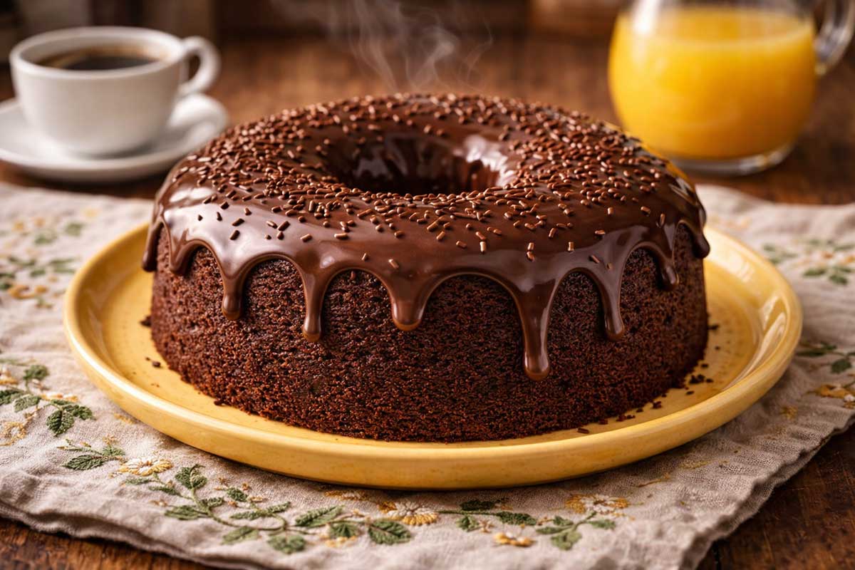 Bolo inteiro, redondo, de Chocolate de Liquidificador, com sua textura de massa nuvem e cobertura Alpino de brilho espelhado, é apresentada sobre um prato de cerâmica amarelo vibrante com bordas arredondadas. O prato repousa sobre uma toalha de linho cru com delicados bordados florais em tons de verde oliva e dourado. Ao fundo, em desfoque suave, vê-se uma xícara de café fumegante e uma jarra de suco de laranja fresco. A luz natural da manhã banha a cena, realçando as texturas e cores.