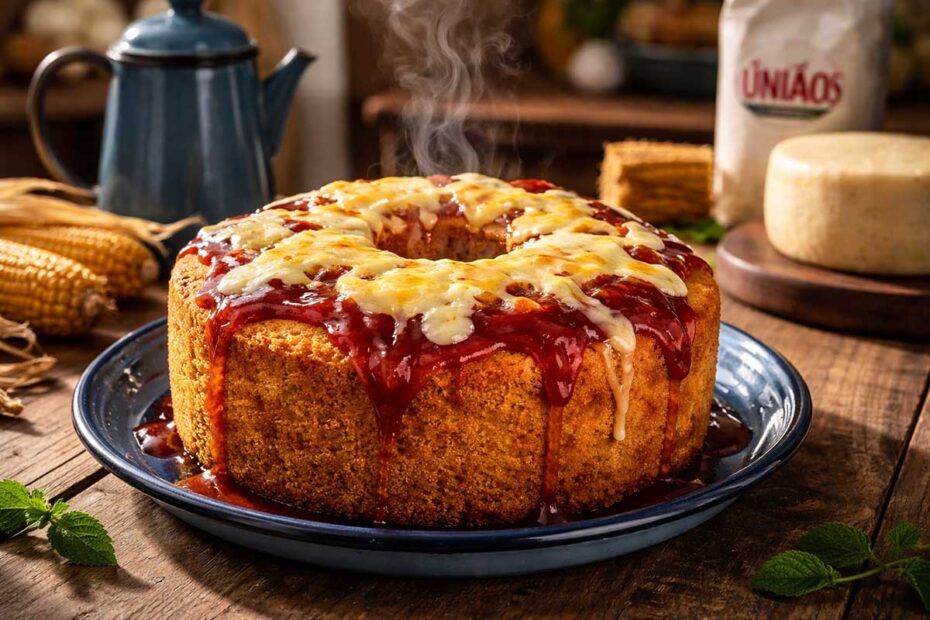 Bolo de Fubá Romeu e Julieta inteiro e dourado, com calda de goiabada brilhante e queijo Canastra derretido por cima, servido em um prato de ágata azul sobre mesa de madeira rústica. Ao fundo, um bule de café esmaltado fumegante, espigas de milho seco, um pacote de Açúcar União e uma peça de queijo mineiro artesanal. Luz solar lateral realçando a textura da crosta.