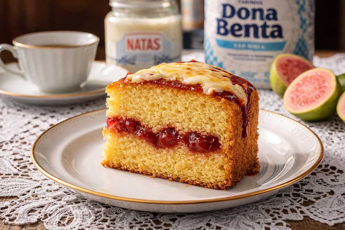 Fatia generosa de bolo de fubá com goiabada exibindo massa interna acetinada e aerada, servida em prato de porcelana branca com bordas douradas. Sobre a mesa com toalha de renda portuguesa, uma xícara de chá de porcelana, um pote de Natas, goiabas frescas fatiadas e um pacote de Farinha Dona Benta. Destaque para o recheio de goiabada perfeitamente distribuído no centro da fatia.