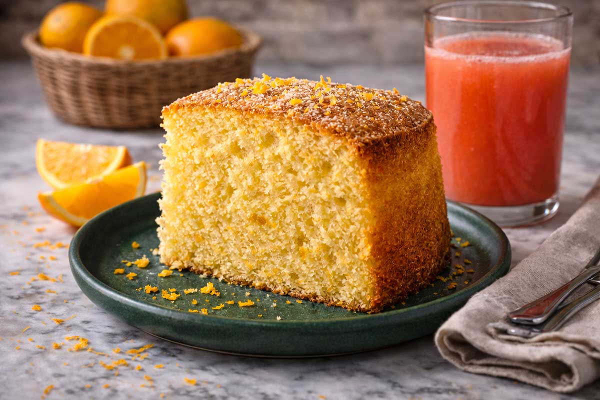 Close-up de uma fatia generosa de bolo de fubá com laranja em um prato de cerâmica verde bandeira para contraste. A fatia revela o ponto de fita e a massa aerada. Ao lado, um copo com suco de goiaba um guardanapo de linho cinza e raspas de zest de laranja espalhadas e gomos de laranjas sobre a bancada de mármore branco e também uma pequena cesta com laranjas frescas e maduras.