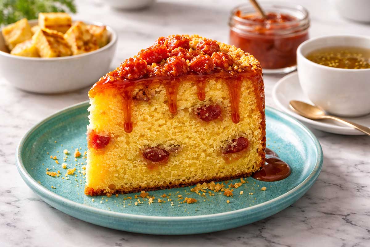 Uma fatia generosa de bolo de milho com goiabada servida em um prato de ceramica turquesa sobre uma mesa moderna de marmore branco em cozinha profissional. A fatia revela um miolo umido e acetinado com pedaços de goiabada vermelha derretida distribuidos de forma uniforme. Ao lado estao dispostas pequenas tigelas com queijo coalho assado potes de geleia de goiaba artesanal e uma xicara de cha de erva doce. A iluminação lateral realça o brilho da massa e o contraste de cores entre o bolo amarelo e o prato turquesa ativando as glandulas salivares.