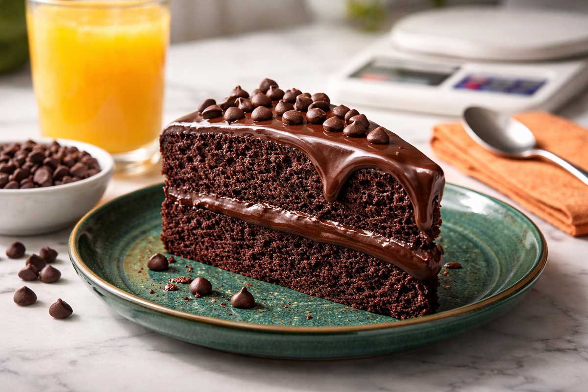 Fatia de bolo de chocolate úmido em um prato de cerâmica verde esmeralda, coberta com uma camada espessa de ganache ultra-brilhante feita sem chocolate em barra. Na mesa branca moderna, destaca-se um copo de suco de laranja natural gelado com cores saturadas e uma tigela pequena com as gotas de chocolate 50% cacau que sobraram do preparo. Ao fundo, uma balança digital SF-400 de precisão e uma colher de prata repousando sobre um guardanapo de linho laranja, criando um contraste de cores complementares.