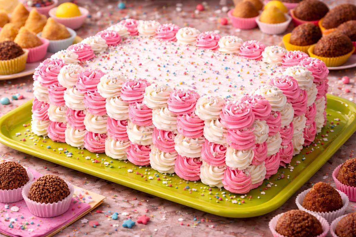 Close-up de um bolo retangular grande para festas, decorado com técnica de bico formando rosas de chantilly alternadas em rosa-claro e branco. O bolo está sobre uma bandeja verde vibrante e polvilhado com confeitos coloridos. Ao fundo desfocado, há forminhas com brigadeiros de chocolate e coxinhas.