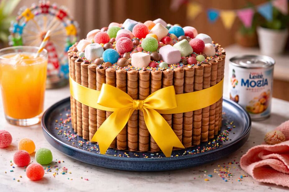 Bolo Dia das Crianças inteiro e alto posicionado sobre um prato de cerâmica azul marinho em uma bancada de quartzo branco. O bolo está decorado com uma barreira de canudos de wafer recheados presos por uma fita de seda amarela vibrante, com o topo transbordando marshmallows, balas de goma coloridas e confeitos. Ao lado, um copo de suco de laranja natural com cores saturadas e gelo, ummini parque de diversão ao fundo e um pacote aberto de Leite Moça Nestlé. O contraste entre o azul do prato, o rosa da decoração e o laranja do suco ativa a percepção sensorial.