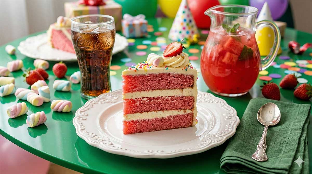 Fatia generosa de bolo com massa acetinada de cor rosa vibrante e duas camadas de recheio de baunilha firme, servida em um prato de porcelana branca com bordas trabalhadas. A mesa é de acrílico verde, contrastando com um copo de refrigerante Coca Cola e ma jarra de suco de melancia vermelho vivo com pedaços de fruta. Ao fundo, marshmallows coloridos espalhados e uma colher de prata repousando sobre um guardanapo de linho verde bandeira. A luz lateral destaca a umidade residual da massa de morango. Morangos espalhados na mesa e o tema é de festa de criança.