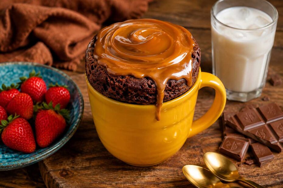 Foto em close-up de um bolo de caneca de chocolate inteiro e alto, servido dentro de uma caneca de cerâmica refratária amarela de 300ml, centralizada na mesa rústica de madeira de fazenda. O bolo cresceu ultrapassando a borda, exibindo uma superfície aerada coberta por uma camada generosa de doce de leite cremoso brilhante que escorre levemente pela lateral. Ao redor da caneca, compondo a mesa posta decorativa, há um prato de cerâmica azul turquesa com morangos vermelhos inteiros e brilhantes, um copo americano cheio de leite gelado e um tablete de chocolate ao leite quebrado em pedaços geométricos ao lado de duas colheres de metal douradas.