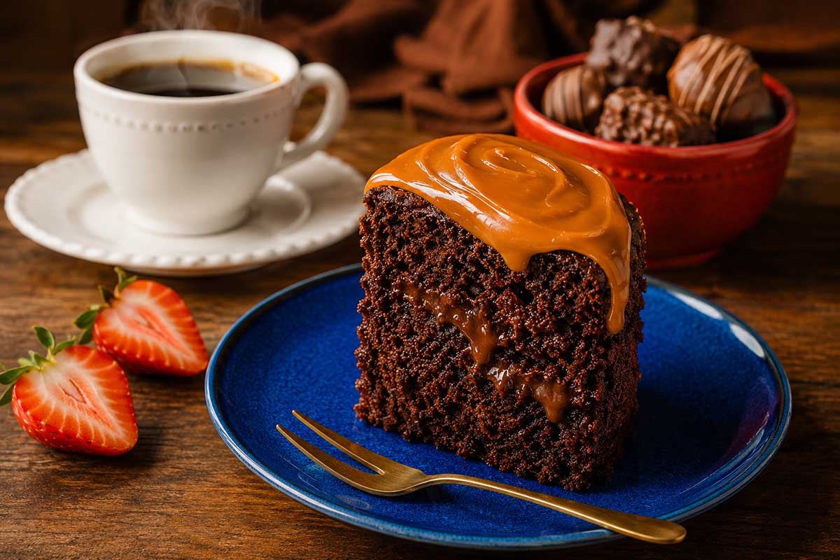 Fotografia gastronĂŽmica em Ăąngulo de 45 graus destacando uma fatia triangular de bolo de chocolate super fofinha e aveludada, retirada de uma porção individual e disposta em um prato de sobremesa moderno cor azul cobalto. A massa apresenta cor marrom escura intensa com veios brilhantes de chocolate derretido e uma colherada farta de doce de leite pastoso no topo. A composição de fundo exibe uma xĂcara de porcelana branca fumegante com cafĂ© fresquinho, um bowl de cerĂąmica vermelha contendo bombons de chocolate finos e alguns morangos cortados ao meio que contrastam com o tom escuro do bolo.
