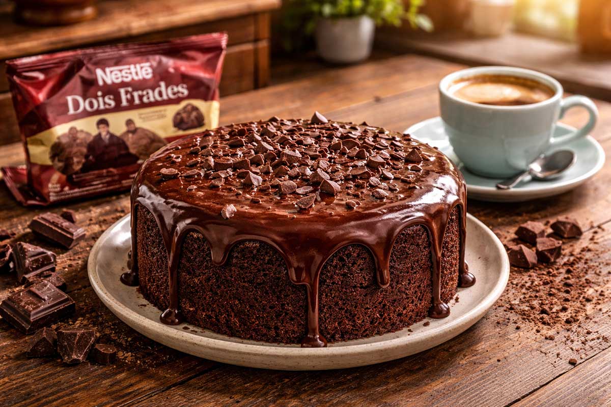 Bolo de chocolate redondo com cobertura brilhante em mesa rústica de madeira, ao lado de um pacote aberto de Chocolate Nestlé Dois Frades e uma xícara de café com crema espessa em porcelana azul clara.