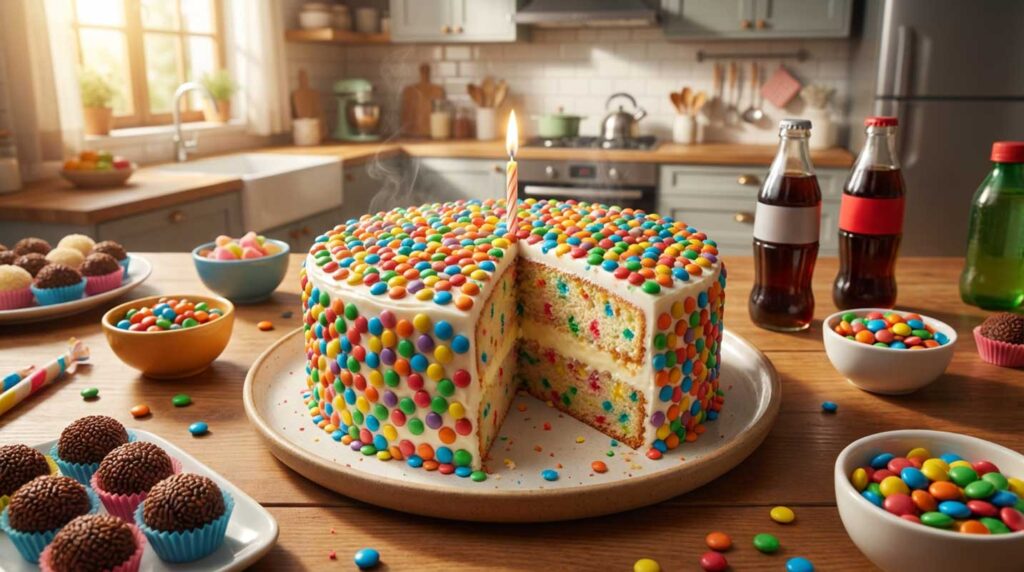 Bolo de aniversário infantil redondo coberto com creme branco e granulado colorido, com uma fatia cortada revelando a massa de confete e o recheio cremoso.