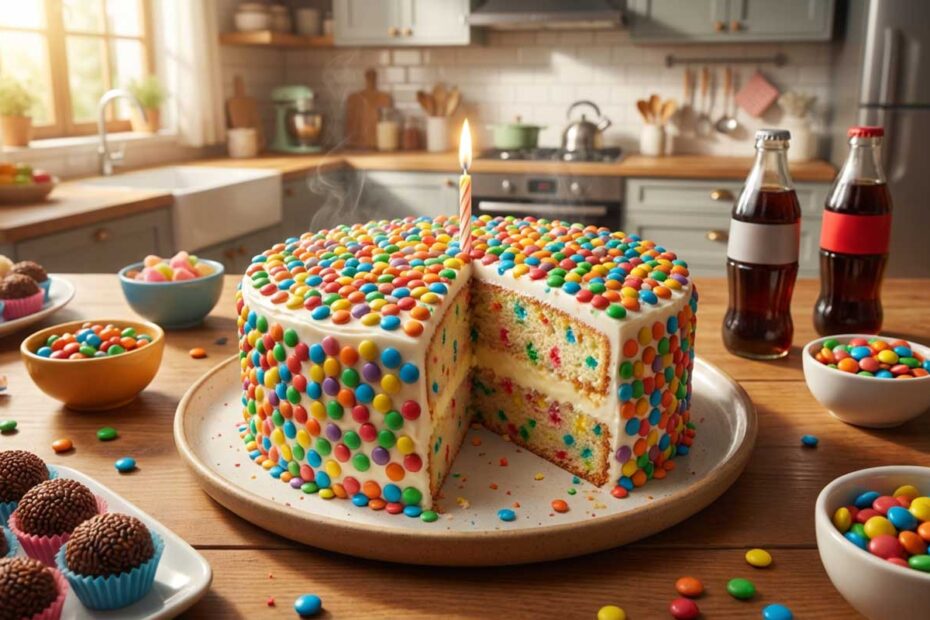 Bolo de aniversário infantil redondo coberto com creme branco e granulado colorido, com uma fatia cortada revelando a massa de confete e o recheio cremoso.