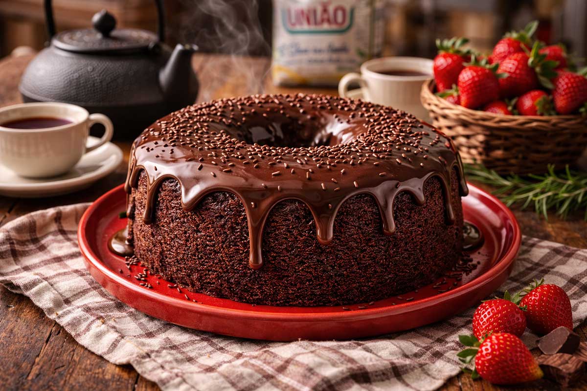 Foto em ângulo de 45 graus de um Bolo de Chocolate com Calda de Ganache inteiro, com brilho espelhado, servido em um prato de cerâmica vermelha vibrante sobre uma mesa de madeira de demolição rústica. Ao redor, uma toalha de linho xadrez bege e marrom, um bule de ferro fundido fumegante, xícaras de chá de faiança com pires, e um pequeno cesto de vime com morangos frescos inteiros e ramos de alecrim. A embalagem da Farinha Dona Benta e o Açúcar União estão discretamente ao fundo, desfocados. A luz natural da manhã entra pela janela, criando um contraste quente e convidativo.