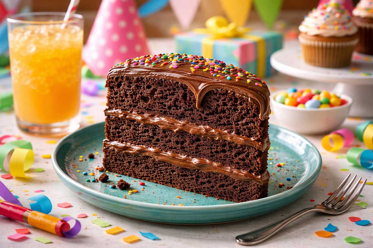 Close-up em uma fatia generosa de bolo de chocolate de festa com três camadas de massa suculenta e recheio cremoso. A fatia está sobre um prato de cerâmica azul turquesa. No topo, cobertura de chocolate brilhante e granulados coloridos. O cenário de festa ao redor inclui um copo de suco de laranja com gelo, chapéus de aniversário, cupcakes e confetes coloridos espalhados sobre a mesa branca.