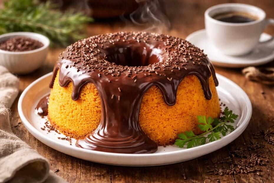 Foto em ângulo de 45 graus de um Bolo de Cenoura Vulcão servido em um prato de cerâmica branca sobre uma mesa de madeira rústica. A massa laranja vibrante e fofinha está no centro, com uma cascata espessa de cobertura de brigadeiro chocolate 50% brilhante escorrendo pelo furo central. Ao fundo, uma xícara de café fumegante e ramos delicados de alecrim completam a ambientação de um café da tarde acolhedor.