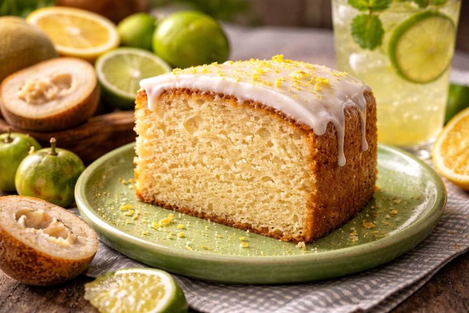 Fatia generosa de bolo de limão vegano com massa acetinada e fofinha, coberta com creme de cambuci brilhante, sobre prato de cerâmica verde limão com borda orgânica. A mesa de madeira rústica está posta com xícaras de chá de porcelana de fazenda, uma jarra de vidro com suco de limão com gelo e rodelas da fruta, limões sicilianos e tahiti inteiros e cortados, cambucis e cupuaçus frescos. Ao fundo, um bule de ferro e um pacote aberto de Farinha de Trigo Integral Dona Benta Premium e Açúcar Mascavo União. A luz natural realça a textura úmida e o brilho espelhado da glaçagem.