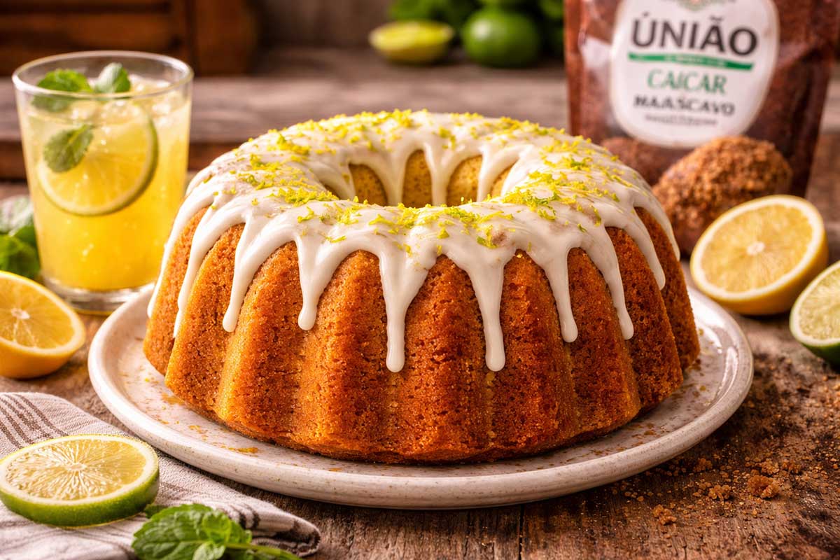 Bolo de limão vegano inteiro em forma Nordic Ware sobre mesa de madeira rústica, coberto com creme de cambuci brilhante e raspas de limão frescas. Ao lado, um copo de suco de abacaxi com gelo e gotas de condensação, fatias de limão siciliano e um pacote de Açúcar Mascavo União aberto ao fundo.