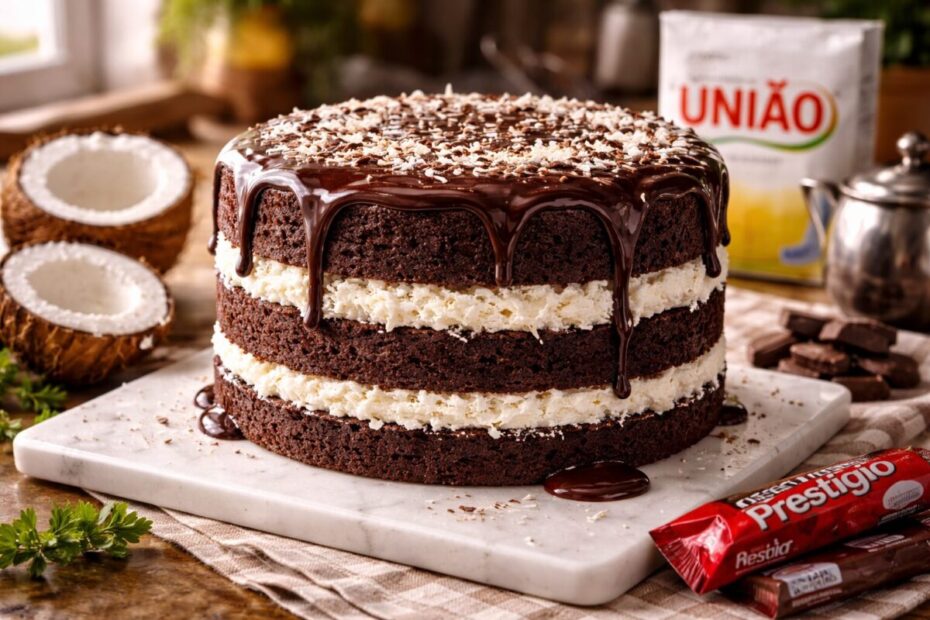 Bolo Prestígio de chocolate intenso com recheio de coco branco cremoso aparente entre as camadas. O bolo está sobre uma tábua de mármore branco em uma cozinha iluminada pela luz natural da janela. Ao lado, um pacote de Açúcar União, cocos secos abertos e um bule de café fumegante sobre uma toalha de linho cru.
