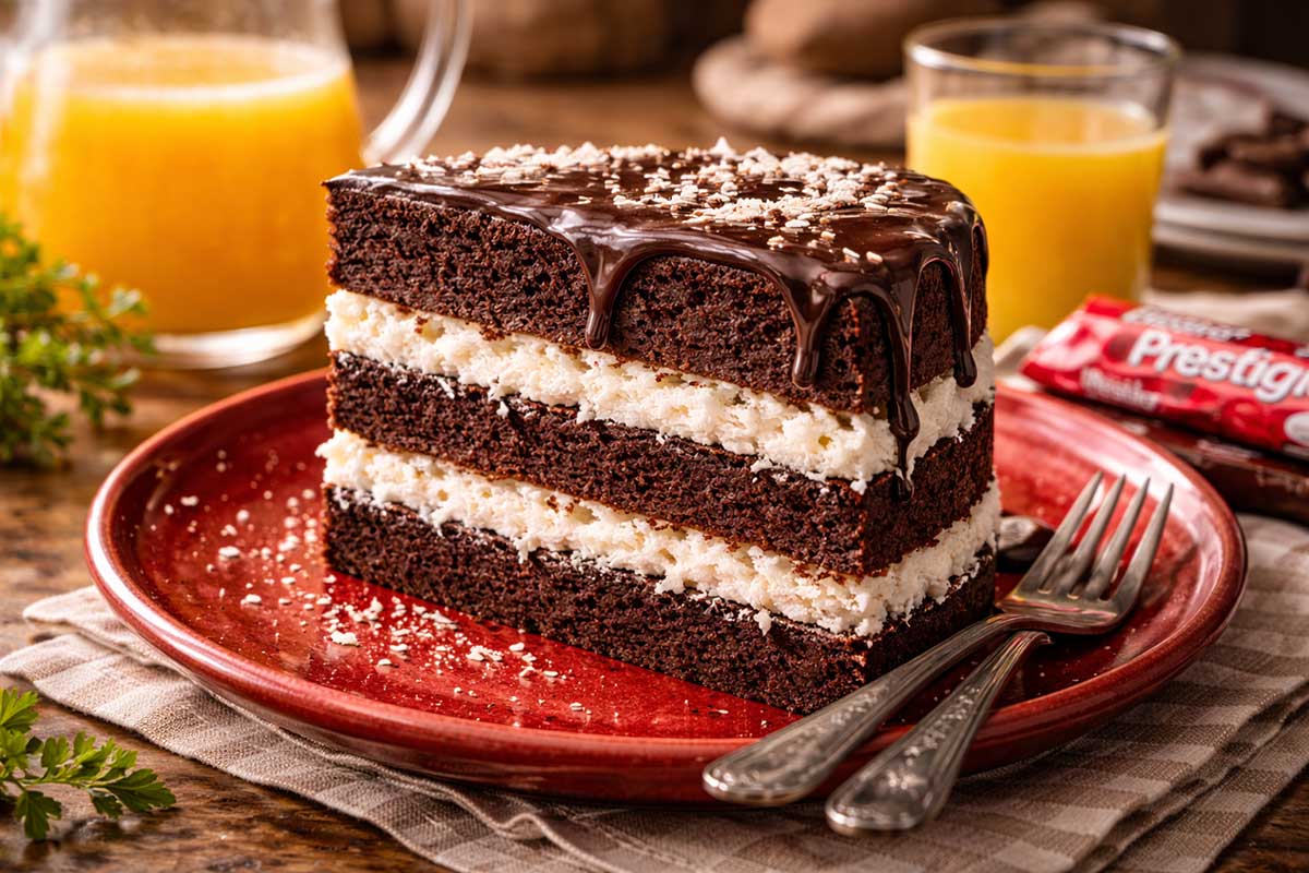 Uma fatia generosa de Bolo Prestígio de chocolate intenso com recheio de coco branco cremoso aparente entre as camadas. A fatia do bolo está num prato vermelho com talheres em uma cozinha iluminada pela luz natural da janela. Ao lado, uma jarra de suco de laranja e um copo com suco, embalagens de chocolate Prestígio Nestlé.