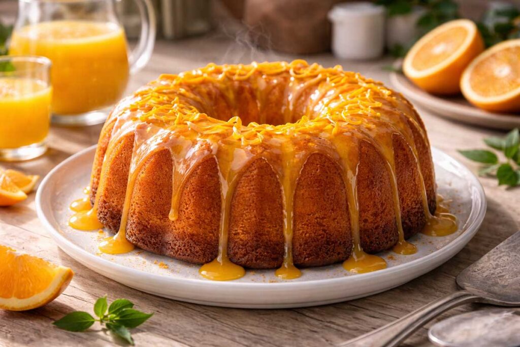 Visão lateral de um bolo de laranja caseiro coberto com calda brilhante, decorado com raspas finas de laranja. O bolo está sobre um prato de cerâmica branca em uma mesa moderna e bem decorada.