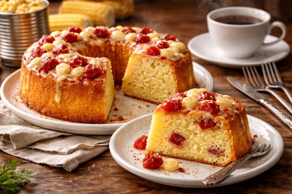 Bolo de milho de lata, dourado em forma de furo central, com uma fatia cortada mostrando a maciez da massa, pedaços brilhantes e retangulares de goiabada(de lata) e cubos de queijo coalho derretidos em cima dos pedaços de goaibada num prato menor, sobre uma mesa rústica de madeira. Mesa decorada com lata de milho, uma xícara de café quente fumegante, garfos, facas e guardanapos.