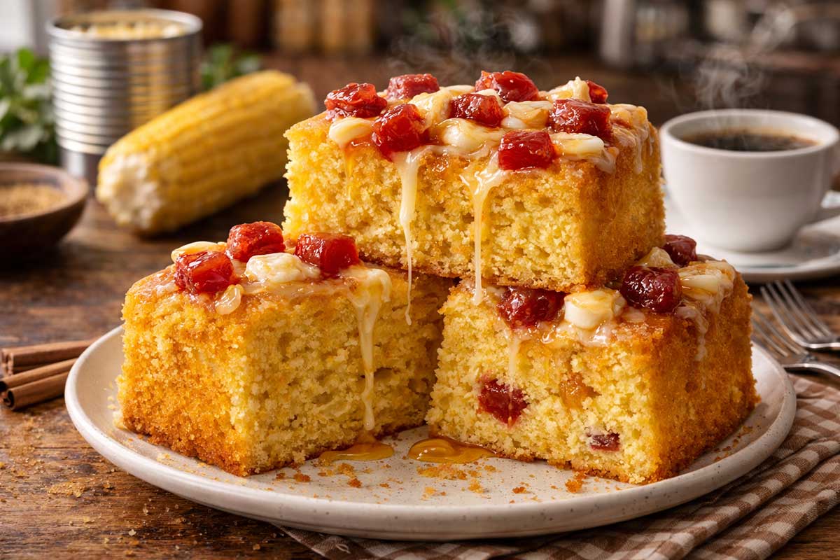 Bolo de milho de lata caseiro cortado em pedaços sobre prato rústico, com goiabada em cubos e queijo coalho derretido escorrendo, servido em mesa de cozinha de fazenda com milho, café quente e utensÃlios.