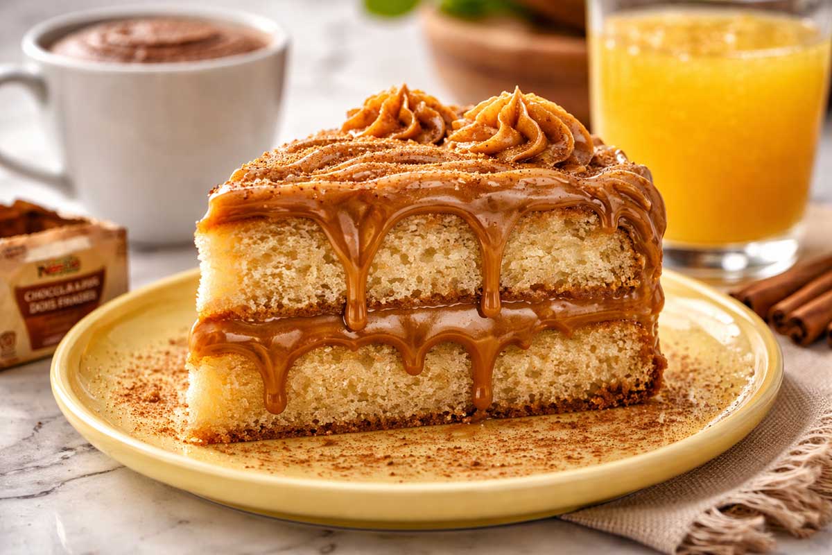 Close de uma fatia de bolo de churros em um prato de porcelana amarela em uma cozinha moderna com bancada de marmore branco. A fatia revela camadas de massa acetinada e doce de leite cozido escorrendo com brilho espelhado. Ao lado ha uma xicara de chocolate quente cremoso um copo de suco de laranja natural com gotas de condensacao e um pacote de Chocolate em Po Nestle Dois Frades entreaberto. A imagem foca na textura fofinha e nas especiarias polvilhadas.