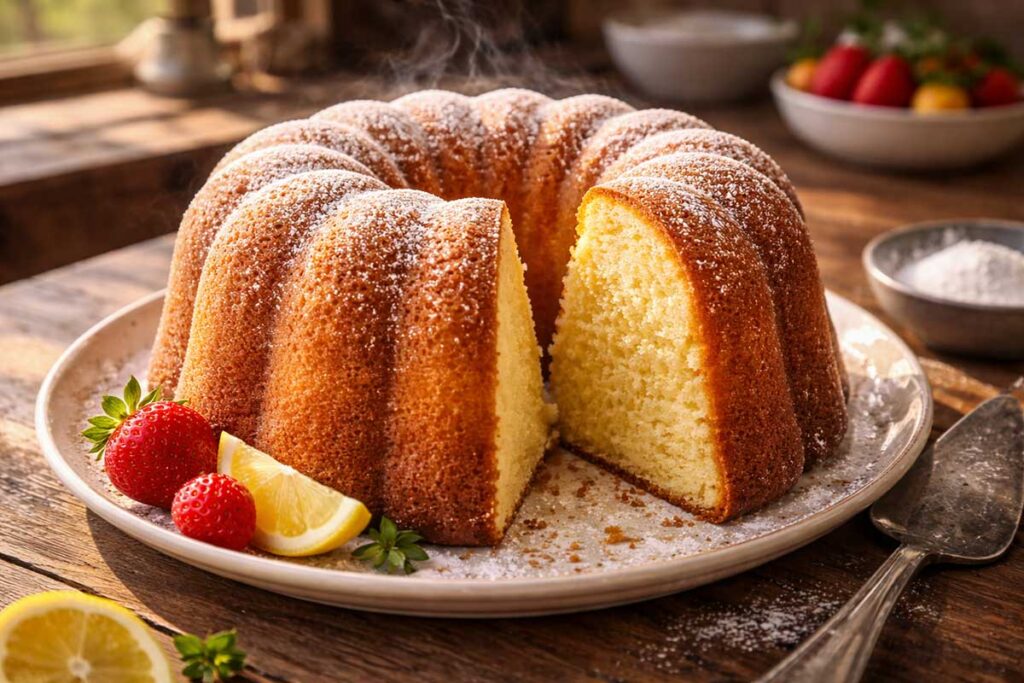 Foto de um bolo caseiro alto e dourado em uma forma de cone, sobre uma mesa de madeira, com uma fatia cortada revelando o interior amarelo claro e fofinho.
