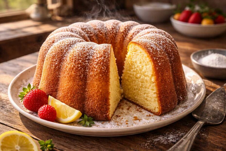 Foto de um bolo caseiro alto e dourado em uma forma de cone, sobre uma mesa de madeira, com uma fatia cortada revelando o interior amarelo claro e fofinho.