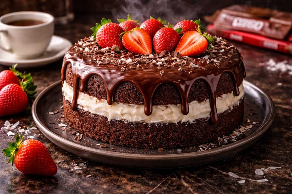Bolo Prestígio inteiro com cobertura ganache espelhada e morangos frescos no topo, sobre bancada de mármore escuro com pacote de chocolate Nestlé e xícara de café ao fundo.