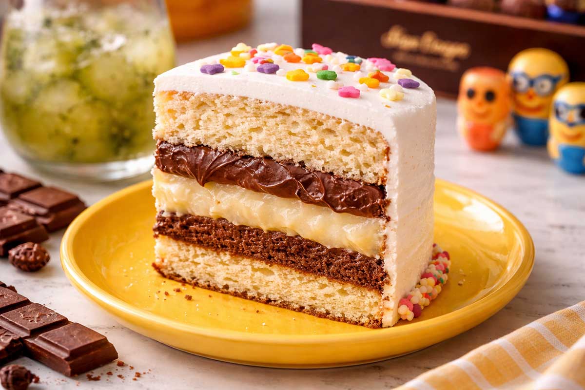 Fatia generosa de Bentô Cake revelando camadas de brigadeiro branco e chocolate Callebaut entre massas acetinadas claras, servida em prato de porcelana amarelo vibrante. Mesa moderna decorada com pequenos bonecos colecionáveis coloridos, uma jarra de suco de kiwi com gelo e gotas de condensação, tablete de chocolate nobre quebrado e uma caixa de bombons Kopenhagen ao fundo. 📑