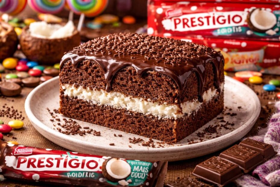Close de uma fatia de bolo prestígio recheado mostrando a camada interna de coco branco cremosa e a massa de chocolate fofinha com cobertura brilhante. Barras de chocolate Prestígio da Nestlé na decoração.