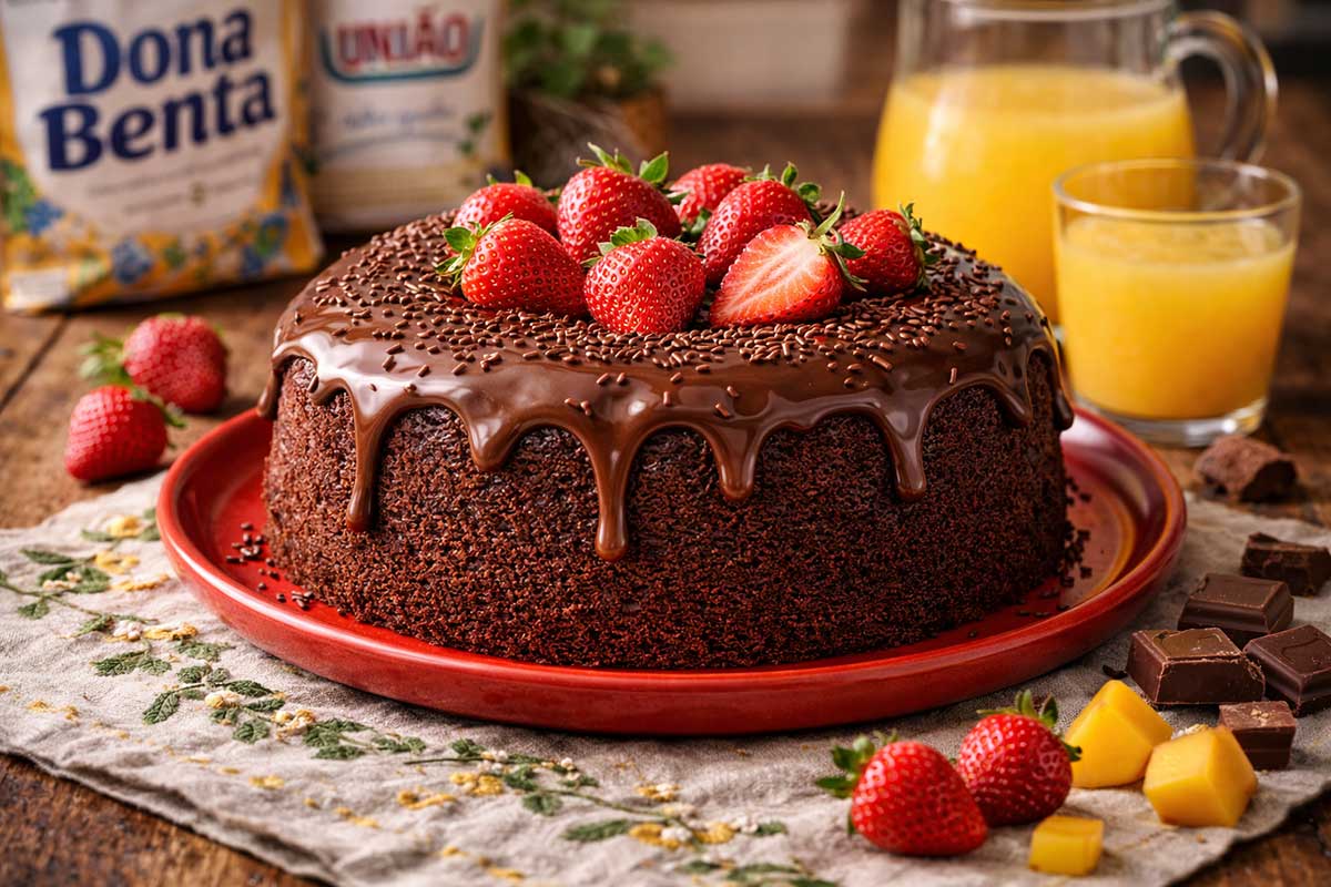 Uma foto profissional de confeitaria, em ângulo de 45 graus, mostrando o Bolo de Chocolate fofinho e acetinado, coberto por um brigadeiro gourmet de brilho espelhado e morangos frescos. O bolo está inteiro sobre um prato de cerâmica vermelho vibrante. A cena se passa em uma mesa de madeira rústica banhada por luz natural da manhã. Ao lado, há uma jarra de vidro transparente com suco de manga fresco e um copo americano cheio. A mesa está decorada com morangos inteiros, pedaços de manga cortada, e pedaços rústicos de chocolate em pó 50% cacau da Nestlé Dois Frades. Fundo com a embalagem da farinha Dona Benta e açúcar União desfocadas, e um vaso de hortelã na janela. Textura táctil e apetitosa.