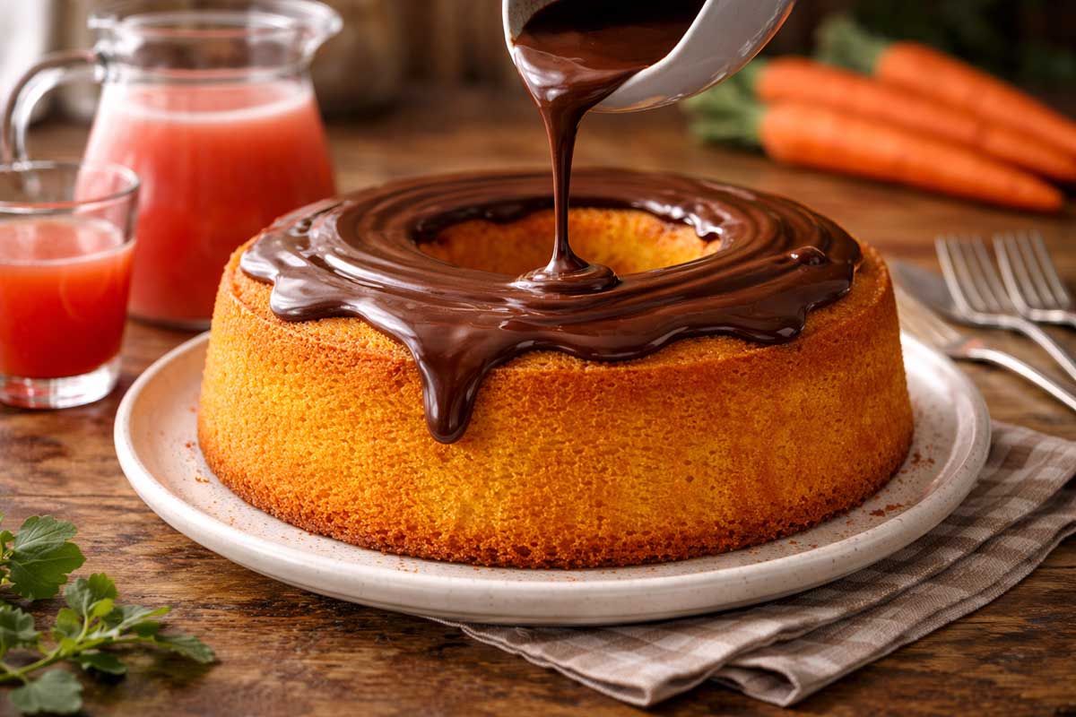 Bolo de cenoura com ganache quente redondo com furo central, massa fofinha e cor alaranjada vibrante, pronto para receber a cobertura de chocolate. Mesa decorada com uma jarra de suco de melancia e um copo ao lado, talheres, guardanapos, cenouras desfocadas ao fundo.