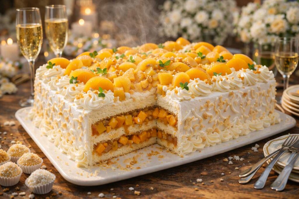 Close de um bolo de aniversário de 100 fatias cortado, revelando duas camadas generosas de recheio de pêssego em calda e creme. O topo é decorado com pedaços abundantes de pêssego, chantilly e folhas de hortelã. A massa é pão de ló clara e fofinha.