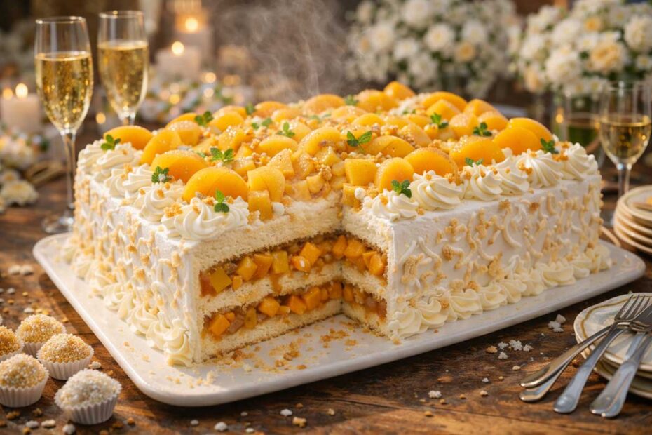 Close de um bolo de aniversário de 100 fatias cortado, revelando duas camadas generosas de recheio de pêssego em calda e creme. O topo é decorado com pedaços abundantes de pêssego, chantilly e folhas de hortelã. A massa é pão de ló clara e fofinha.